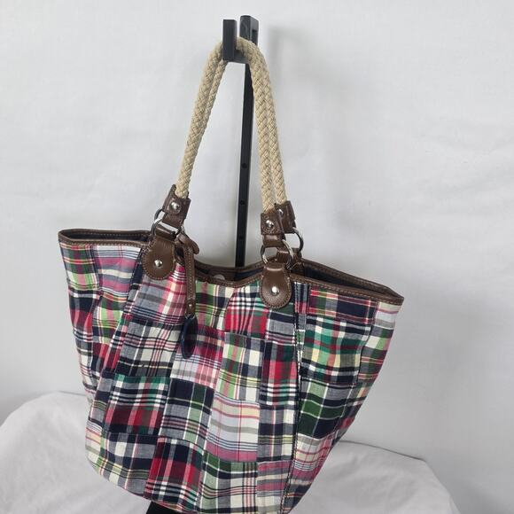 Tommy Hilfiger Tote Colorful Plaid Double Shoulder Strap 11" x 12" x 7" - Picture 13 of 16